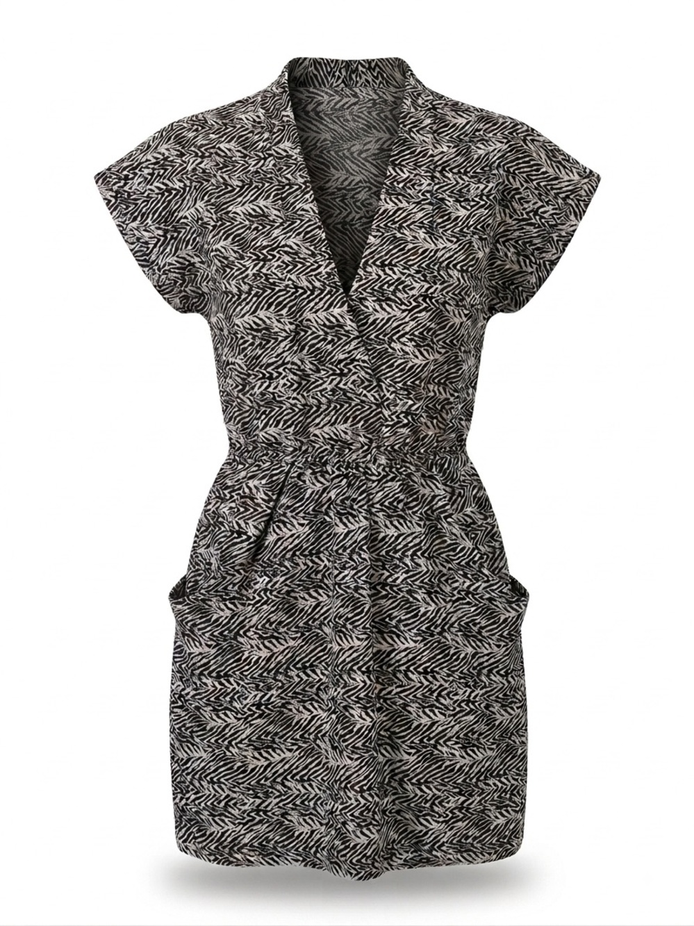 Black White Safari Animal Print V-Neck Short Sleeve Dress w Pockets 5 Speechless